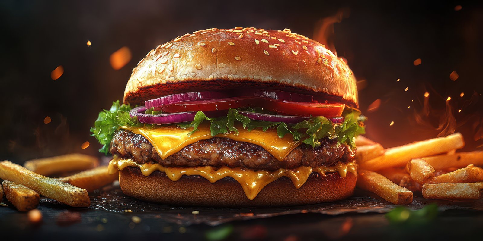 Juicy hamburger with melted cheese, fresh vegetables, and crispy fries served on a dark background